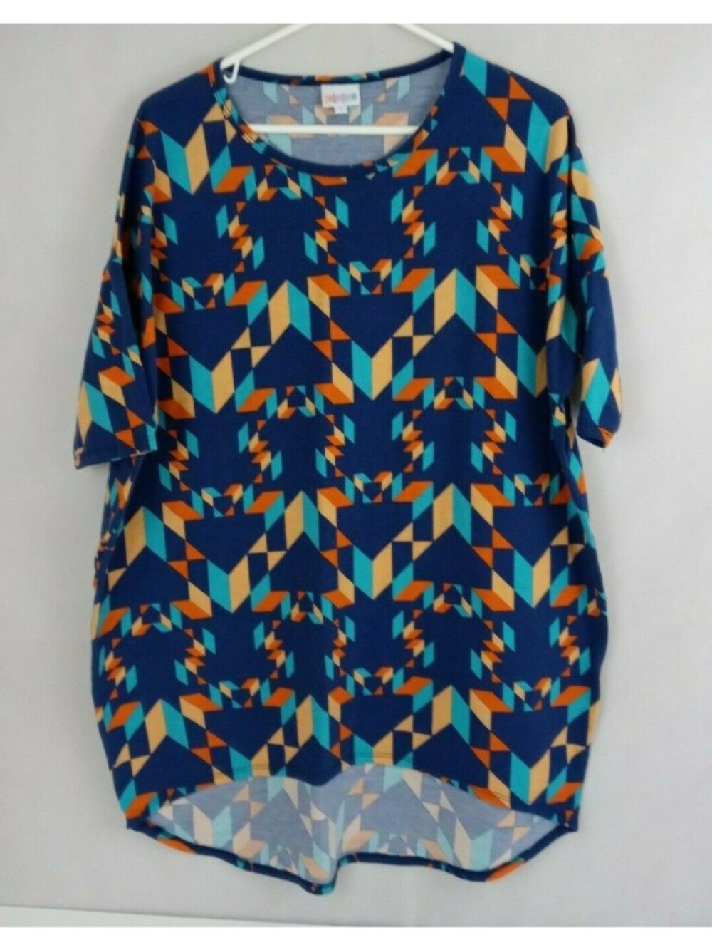 LuLaRoe Irma Tunic Blue With Multi-Color Geometric Arrows Design Size Small